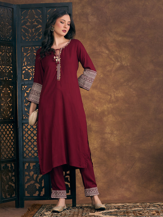Solid Ethnic Resham & Zari Embroidered Straight Fit Co-ord Set - Maroon