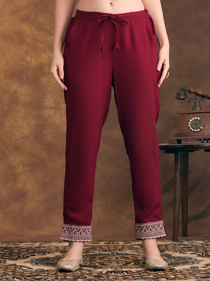 Solid Ethnic Resham & Zari Embroidered Straight Fit Co-ord Set - Maroon