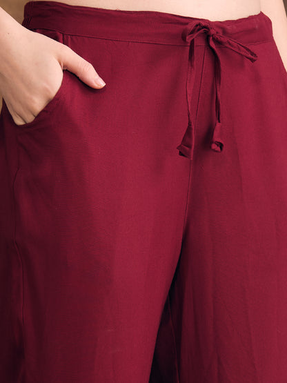 Solid Ethnic Resham & Zari Embroidered Straight Fit Co-ord Set - Maroon