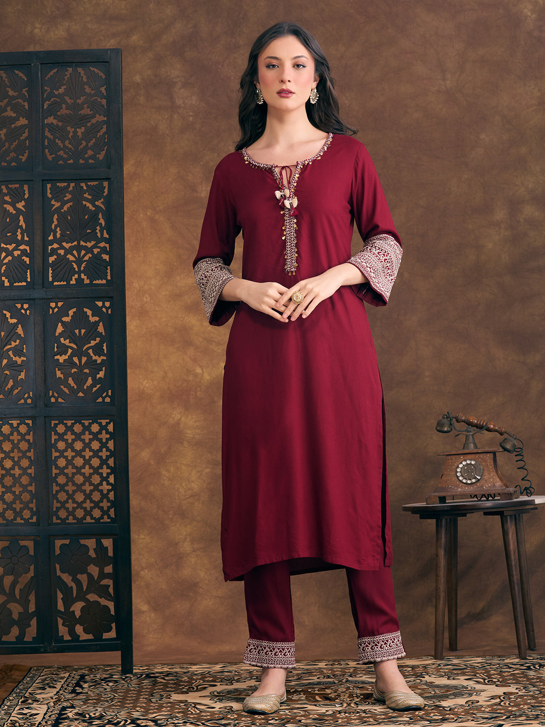 Solid Ethnic Resham & Zari Embroidered Straight Fit Co-ord Set - Maroon