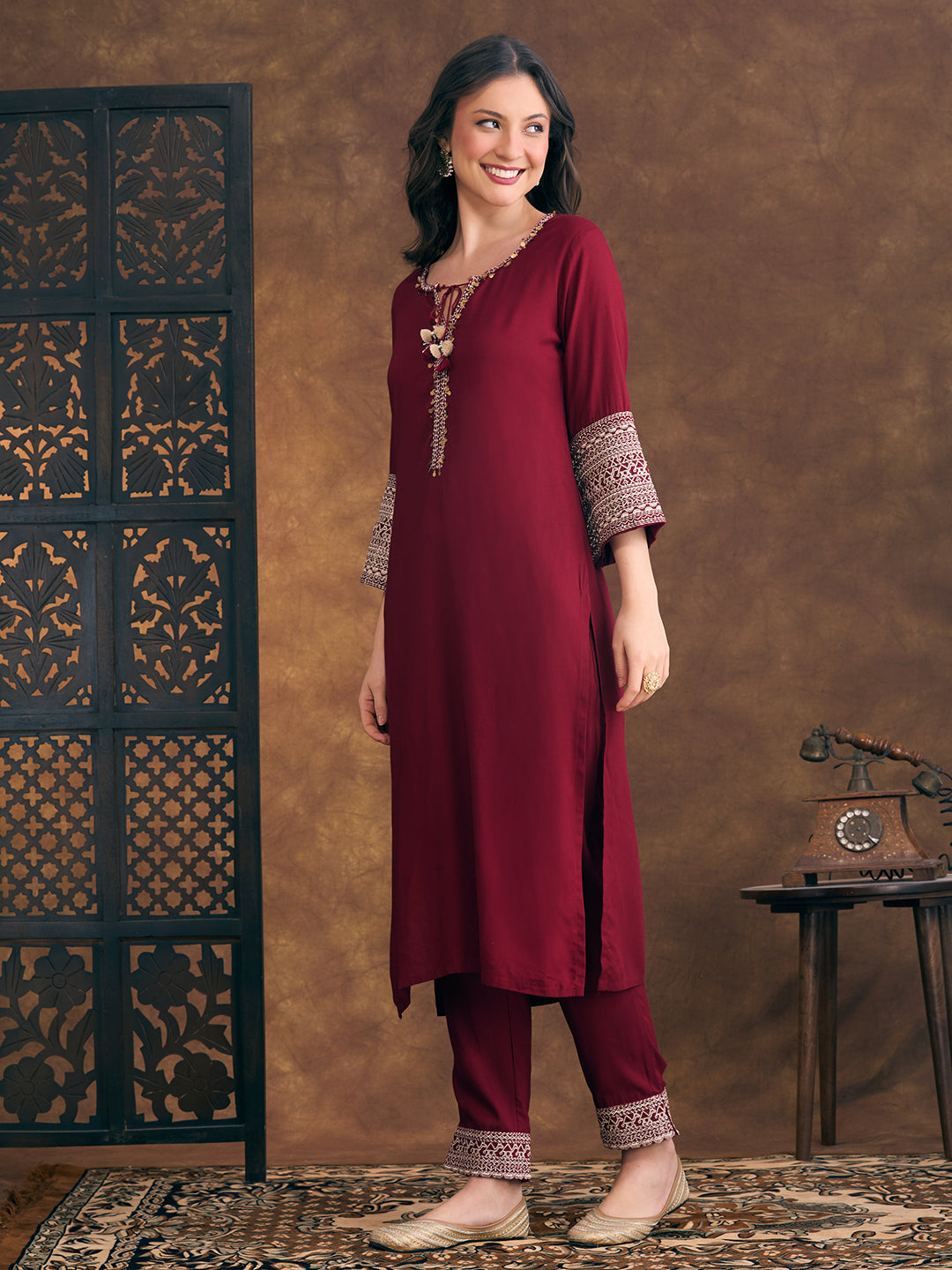 Solid Ethnic Resham & Zari Embroidered Straight Fit Co-ord Set - Maroon