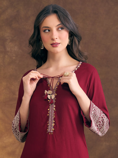 Solid Ethnic Resham & Zari Embroidered Straight Fit Co-ord Set - Maroon