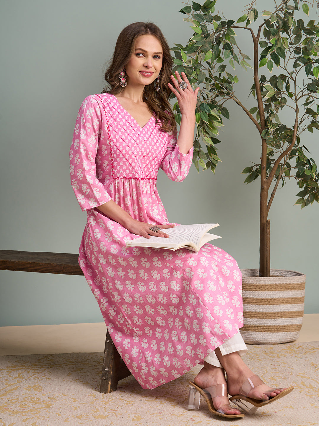 Ethnic Floral Printed & Embroidered A-Line Pleated Midi Dress - Pink