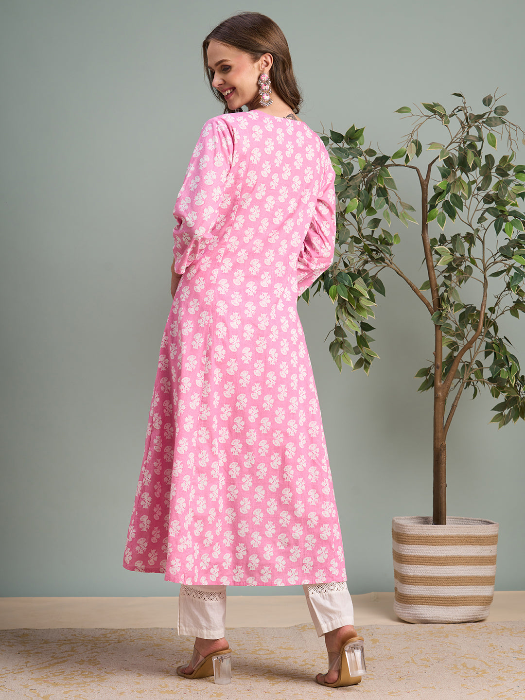 Ethnic Floral Printed & Embroidered A-Line Pleated Midi Dress - Pink