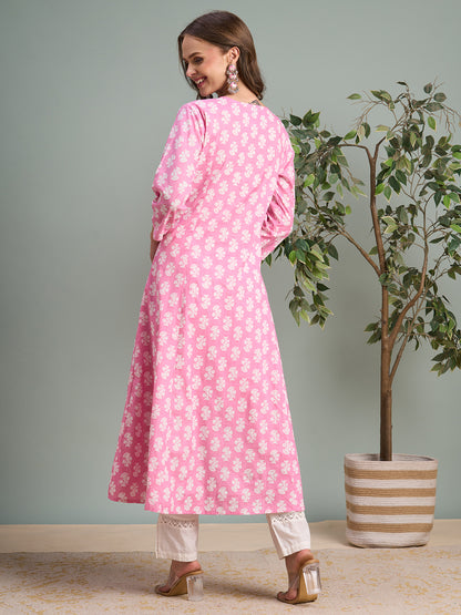 Ethnic Floral Printed & Embroidered A-Line Pleated Midi Dress - Pink