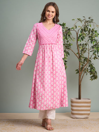 Ethnic Floral Printed & Embroidered A-Line Pleated Midi Dress - Pink