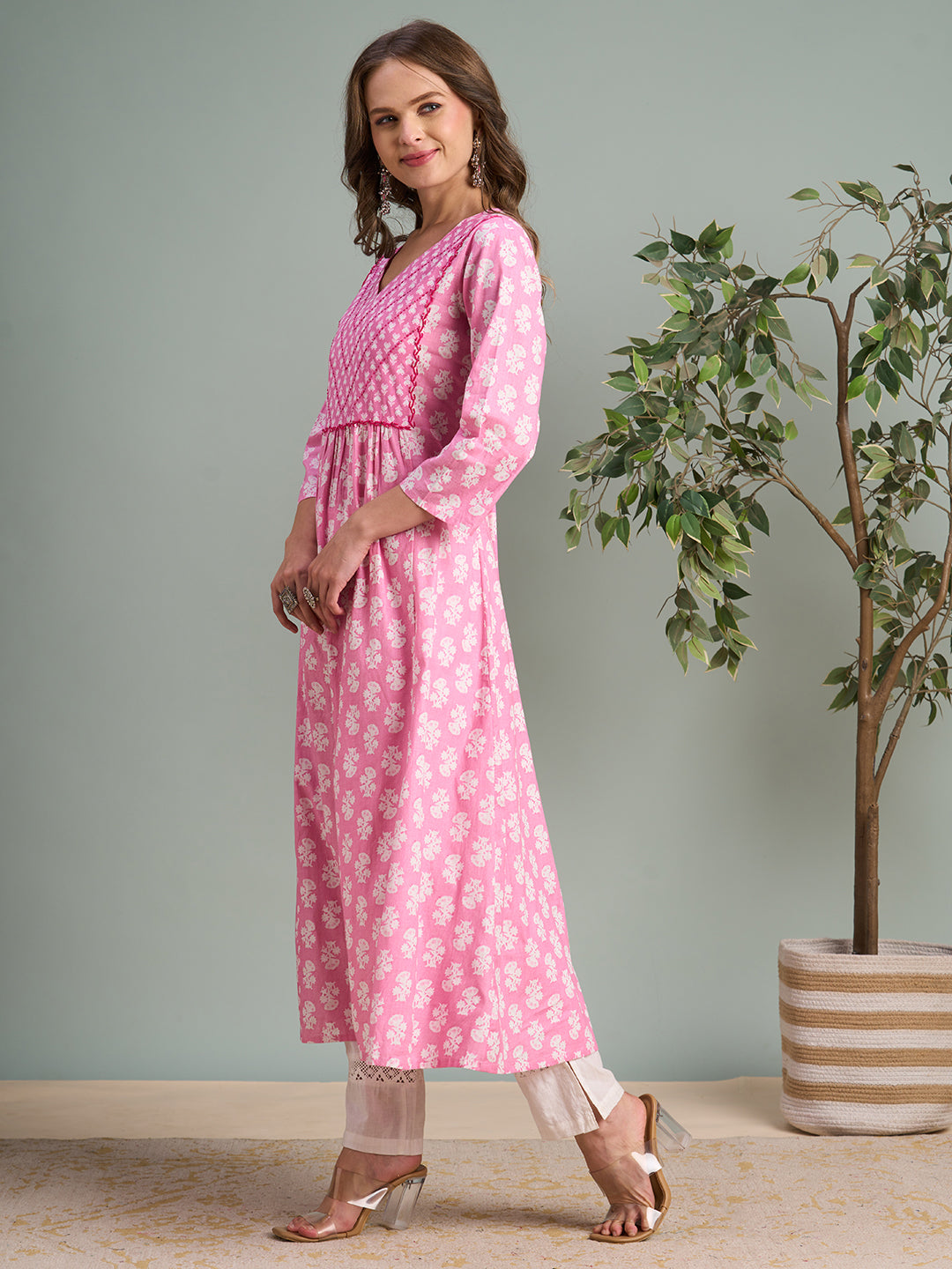 Ethnic Floral Printed & Embroidered A-Line Pleated Midi Dress - Pink