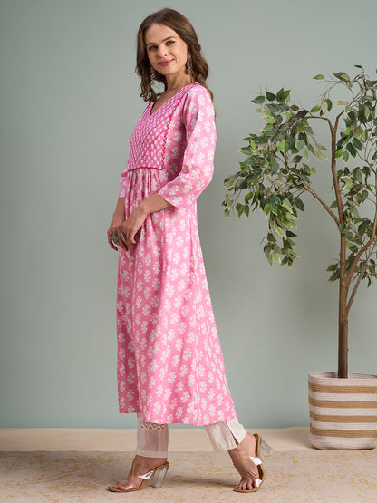 Ethnic Floral Printed & Embroidered A-Line Pleated Midi Dress - Pink