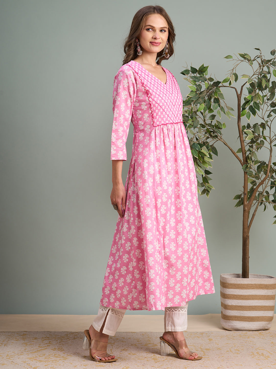 Ethnic Floral Printed & Embroidered A-Line Pleated Midi Dress - Pink