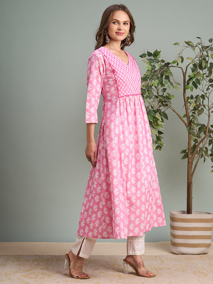 Ethnic Floral Printed & Embroidered A-Line Pleated Midi Dress - Pink