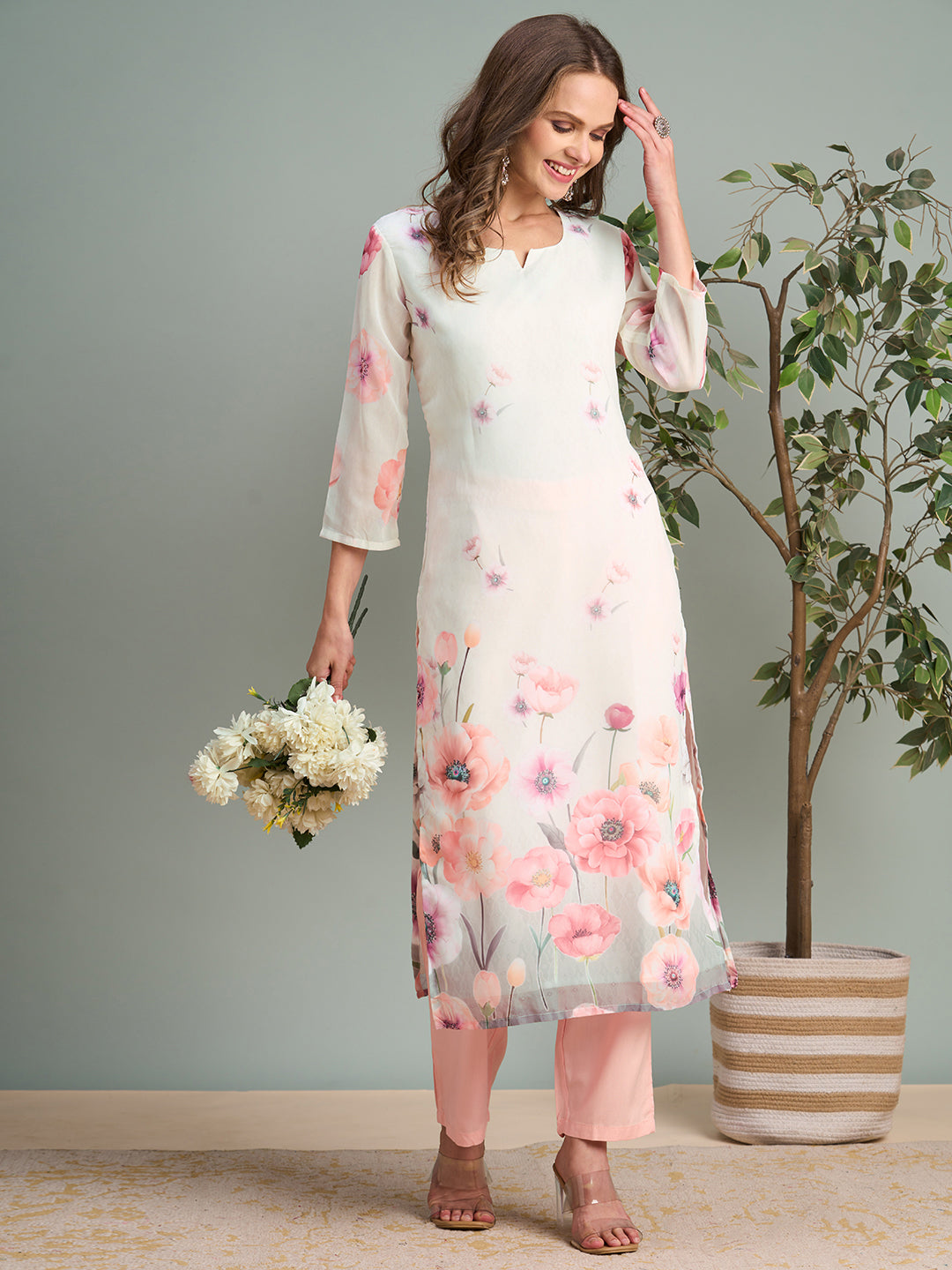 Abstract Floral Printed Straight Fit Georgette Kurta - White
