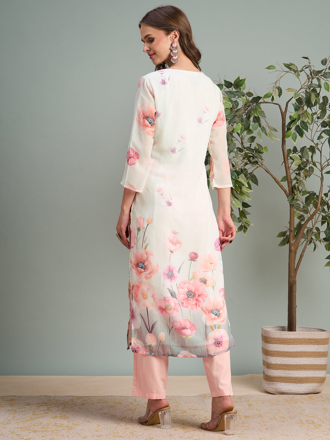 Abstract Floral Printed Straight Fit Georgette Kurta - White