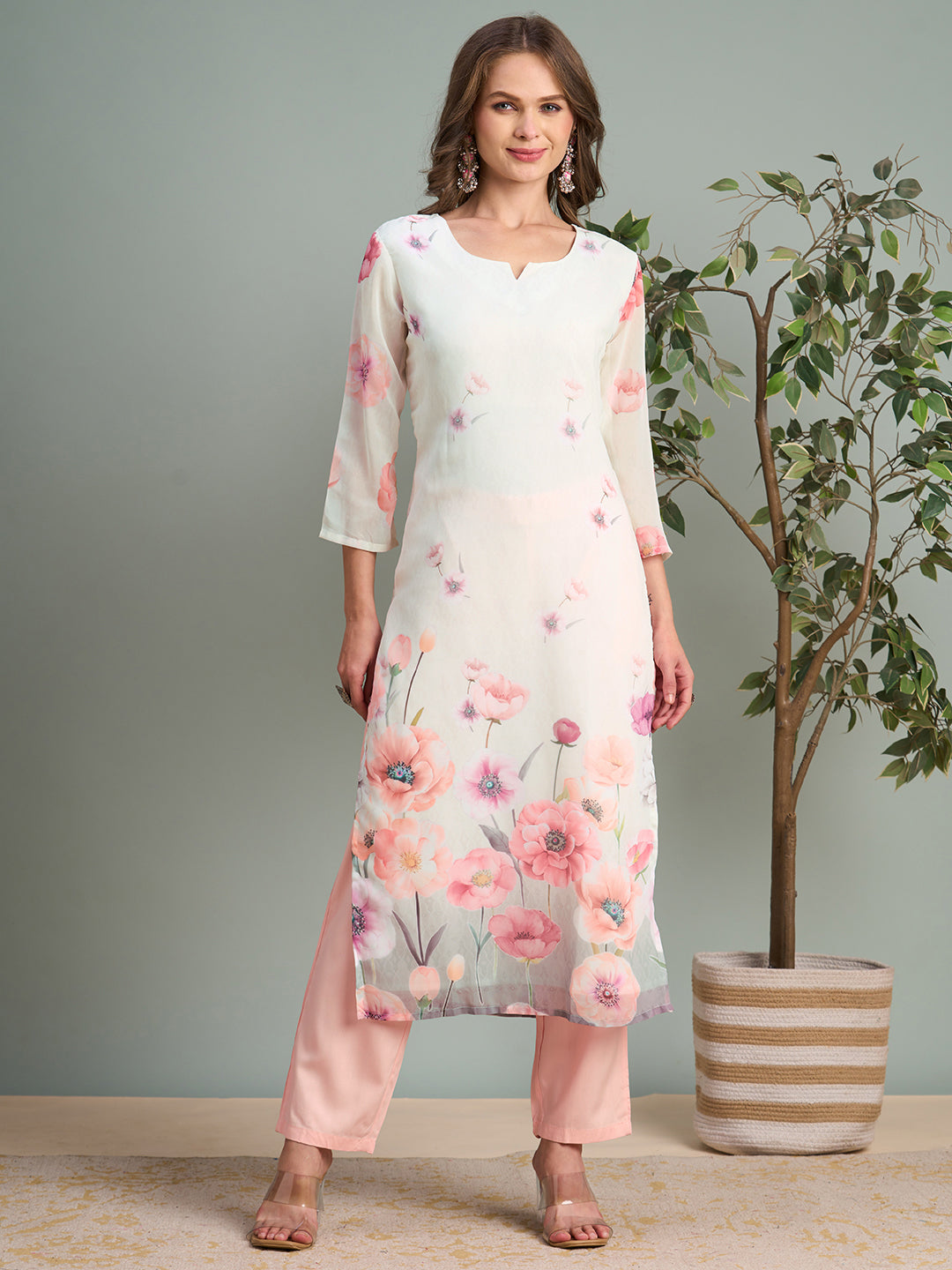 Abstract Floral Printed Straight Fit Georgette Kurta - White