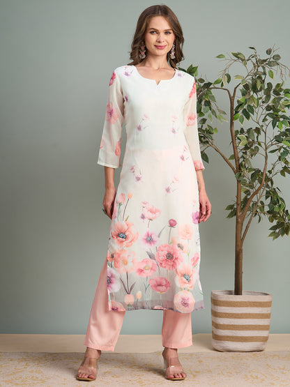 Abstract Floral Printed Straight Fit Georgette Kurta - White
