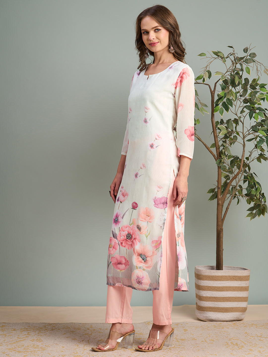 Abstract Floral Printed Straight Fit Georgette Kurta - White