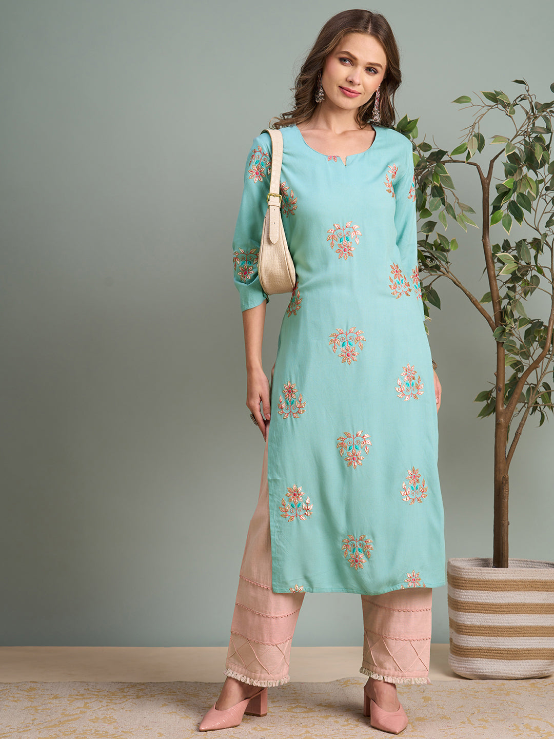 Solid Gota Patti & Resham Embroidered Straight Fit Kurta - Blue