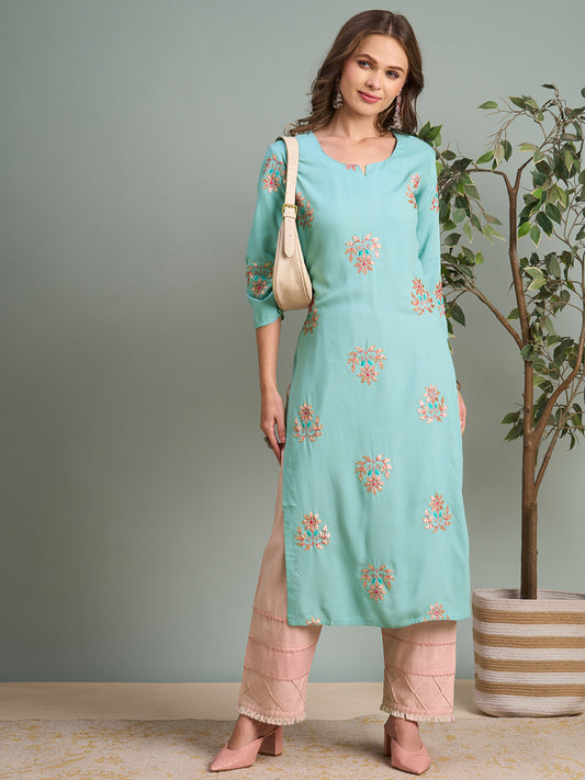 Solid Gota Patti & Resham Embroidered Straight Fit Kurta - Blue