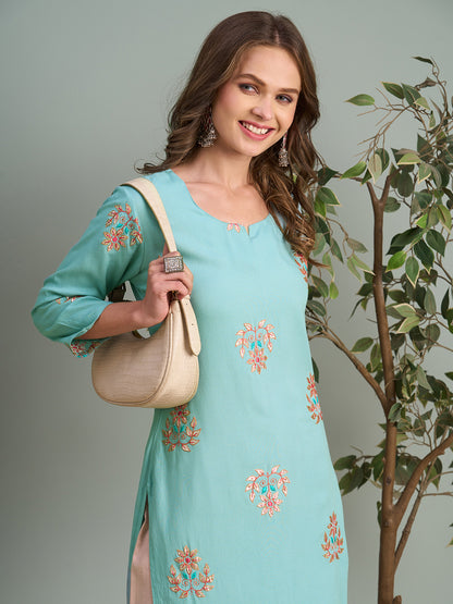 Solid Gota Patti & Resham Embroidered Straight Fit Kurta - Blue