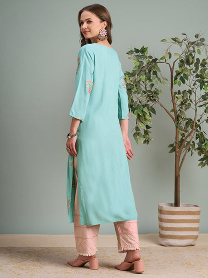 Solid Gota Patti & Resham Embroidered Straight Fit Kurta - Blue