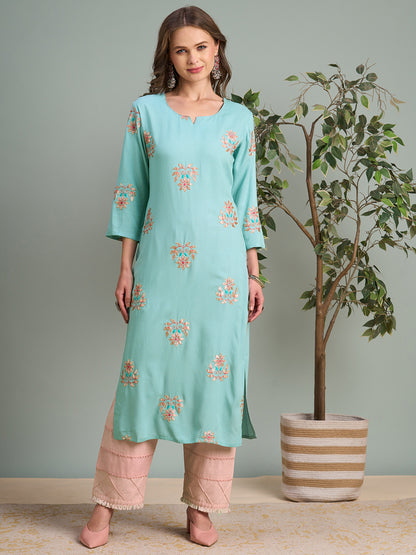 Solid Gota Patti & Resham Embroidered Straight Fit Kurta - Blue