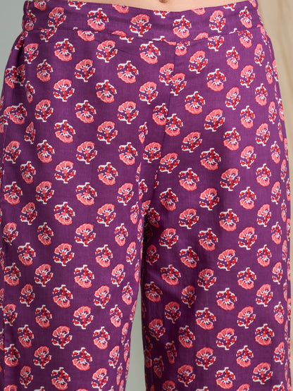 Ethnic Floral Printed A-Line Pleated Kurta with Pant - Purple