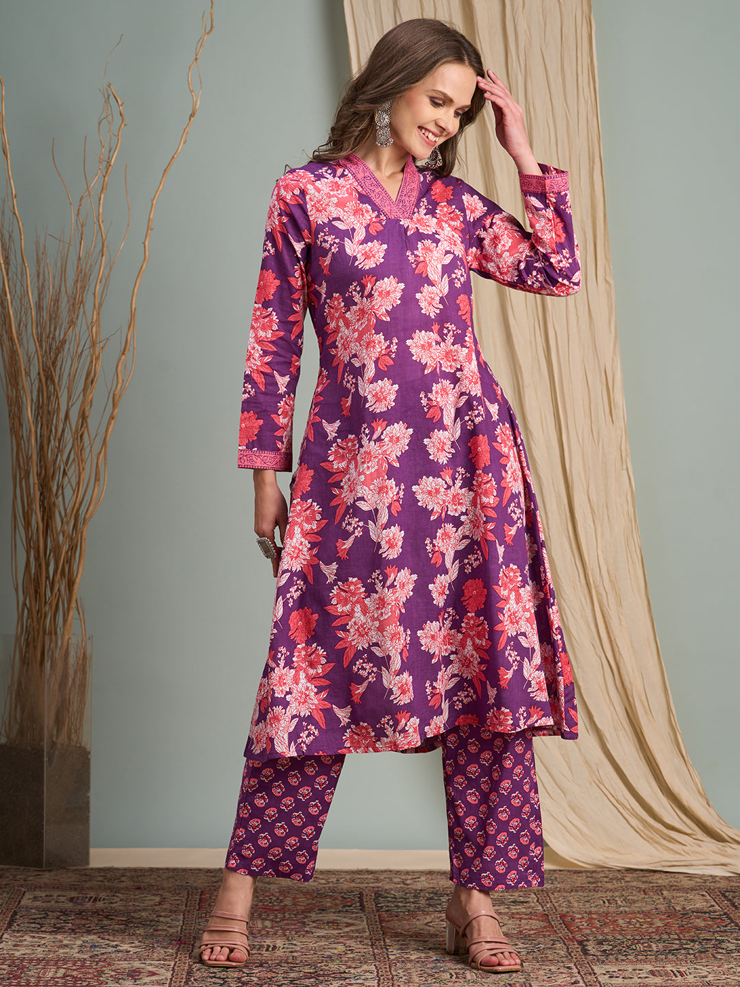 Ethnic Floral Printed A-Line Pleated Kurta with Pant - Purple