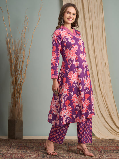 Ethnic Floral Printed A-Line Pleated Kurta with Pant - Purple