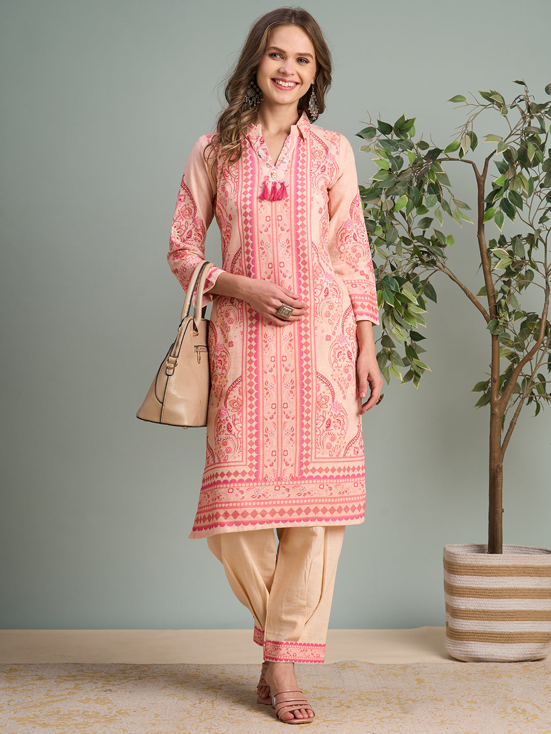Ethnic Pastel Floral Printed Straight Kurta with Pleated Pant - Pink