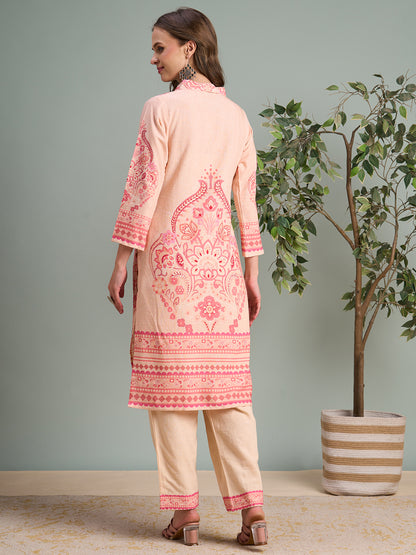 Ethnic Pastel Floral Printed Straight Kurta with Pleated Pant - Pink