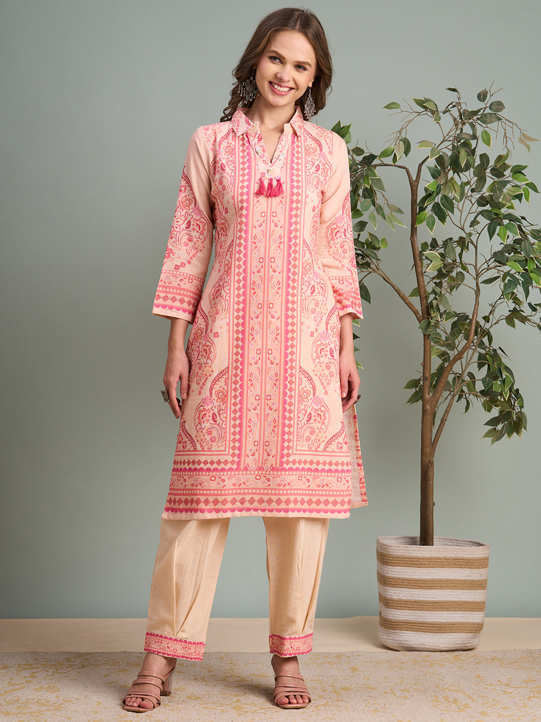 Ethnic Pastel Floral Printed Straight Kurta with Pleated Pant - Pink