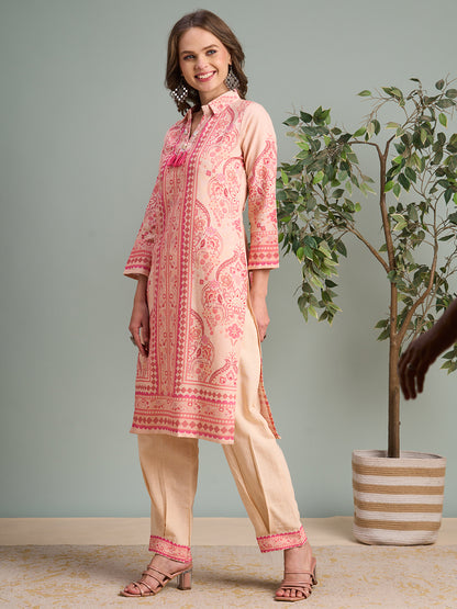 Ethnic Pastel Floral Printed Straight Kurta with Pleated Pant - Pink