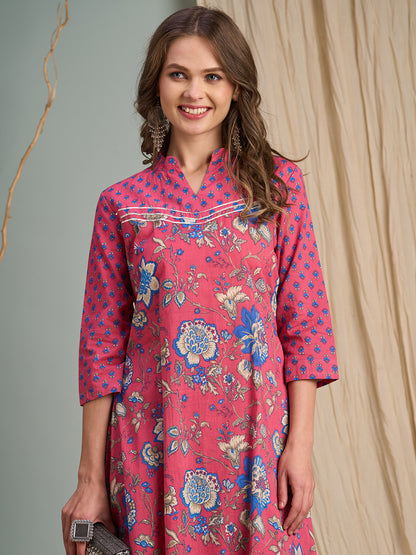 Ethnic Floral Printed A-Line Flared Kurta with Pant - Pink