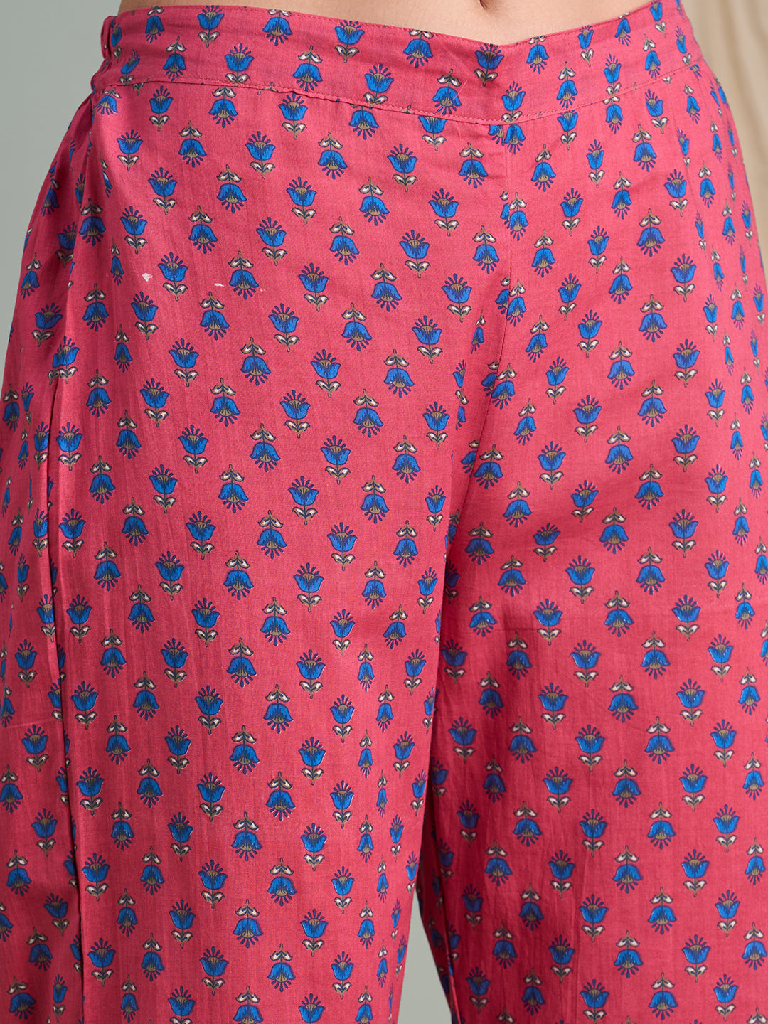 Ethnic Floral Printed A-Line Flared Kurta with Pant - Pink