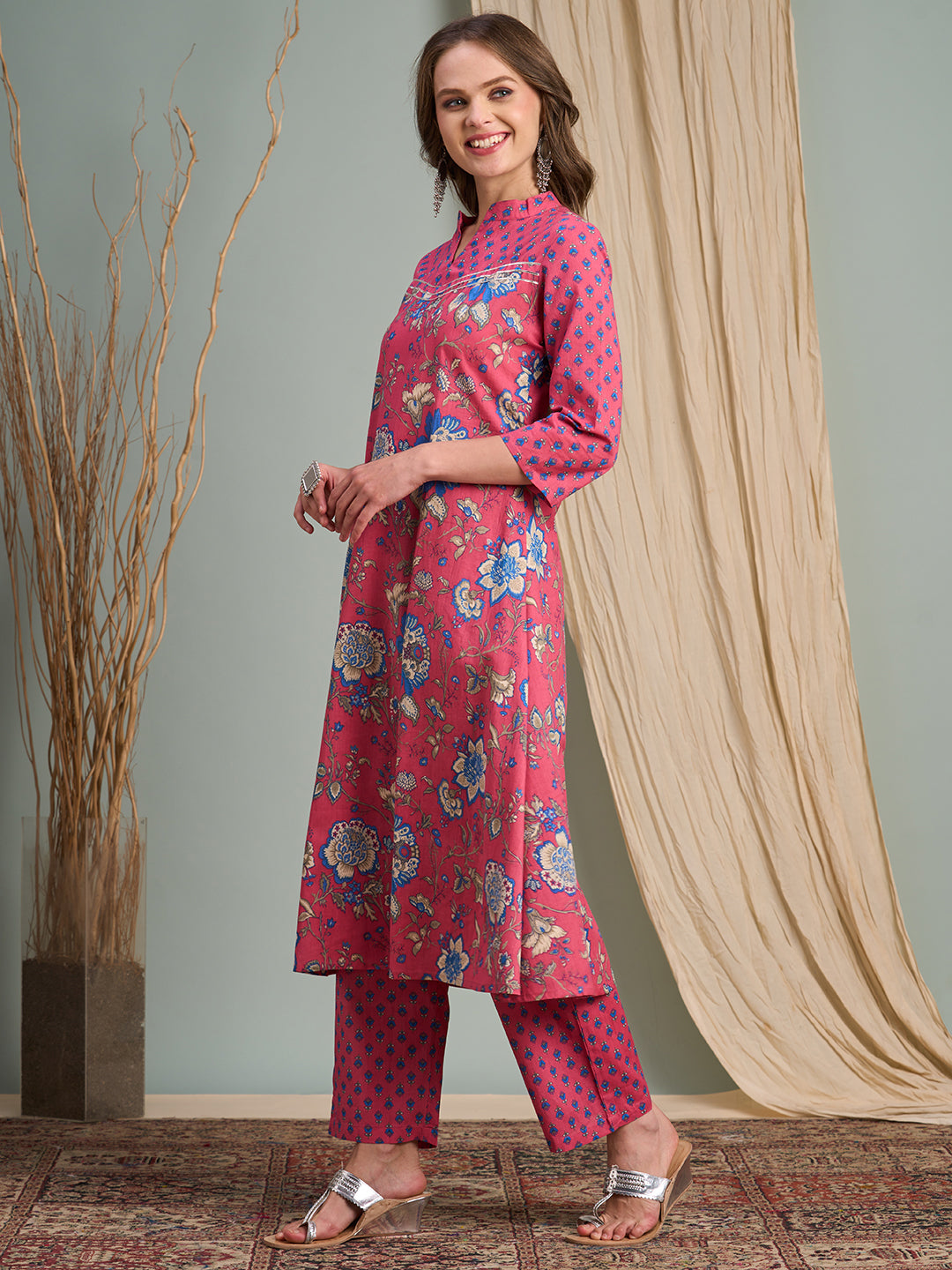 Ethnic Floral Printed A-Line Flared Kurta with Pant - Pink