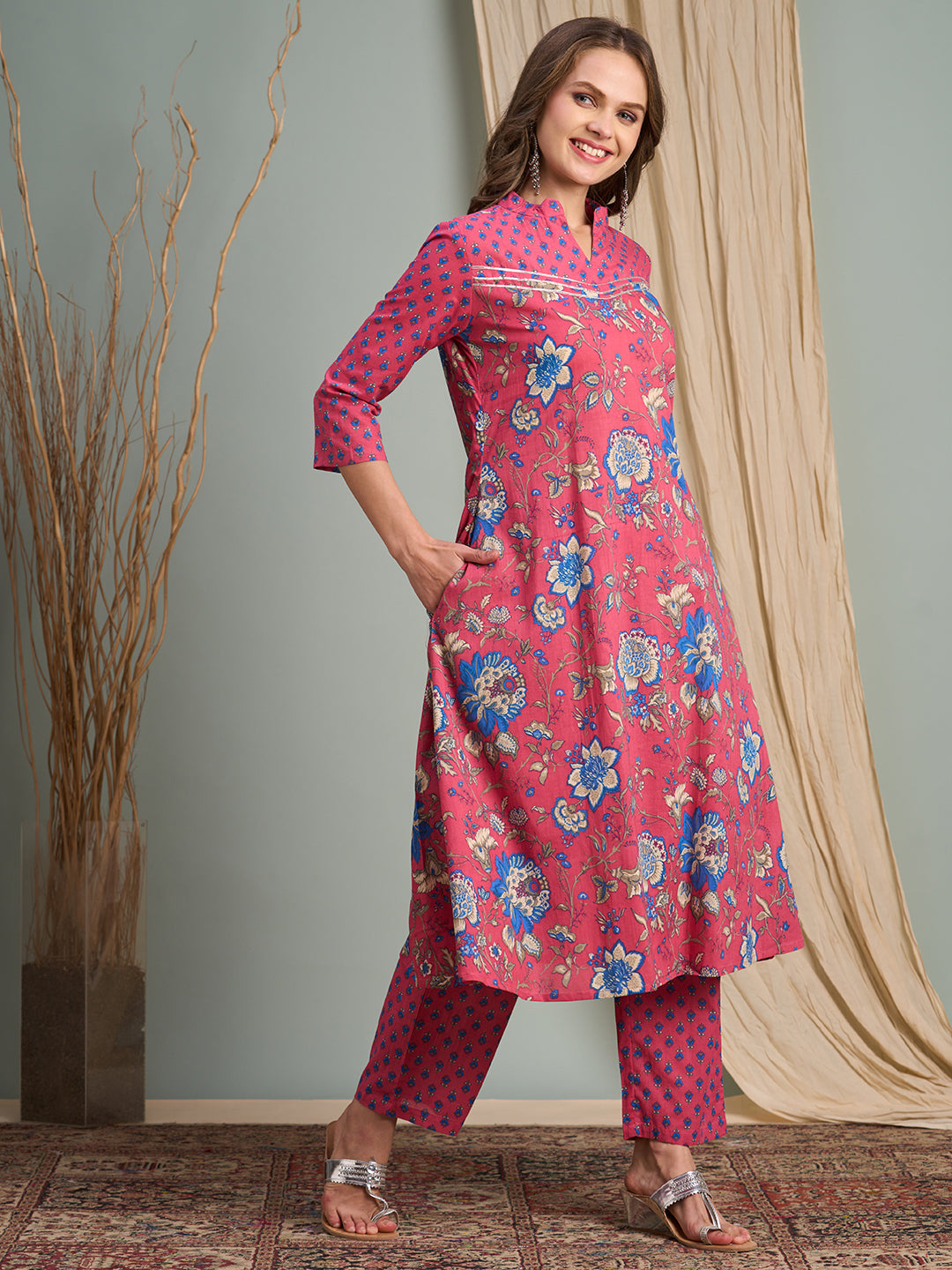 Ethnic Floral Printed A-Line Flared Kurta with Pant - Pink