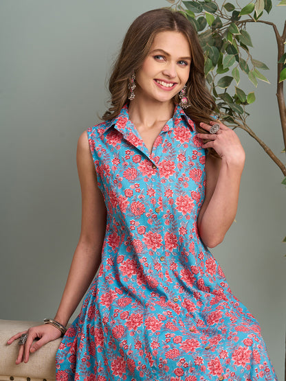 Ethnic Floral Printed A-Line Paneled Kurta with Palazzo - Teal Blue