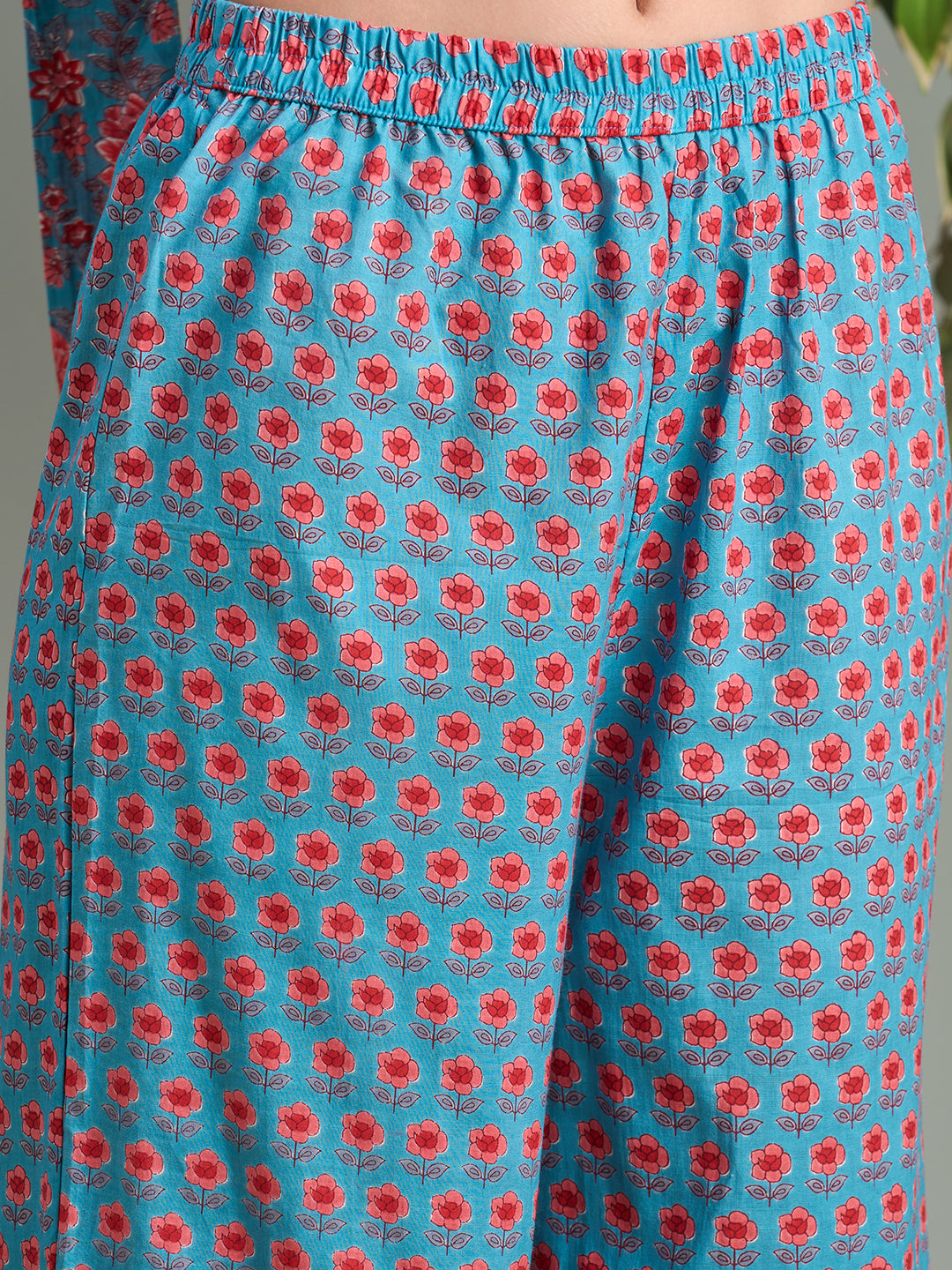 Ethnic Floral Printed A-Line Paneled Kurta with Palazzo - Teal Blue