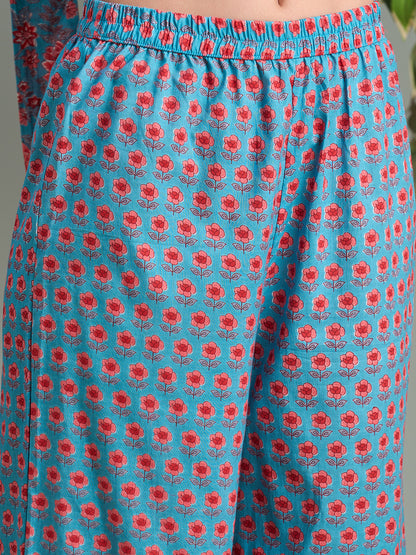 Ethnic Floral Printed A-Line Paneled Kurta with Palazzo - Teal Blue