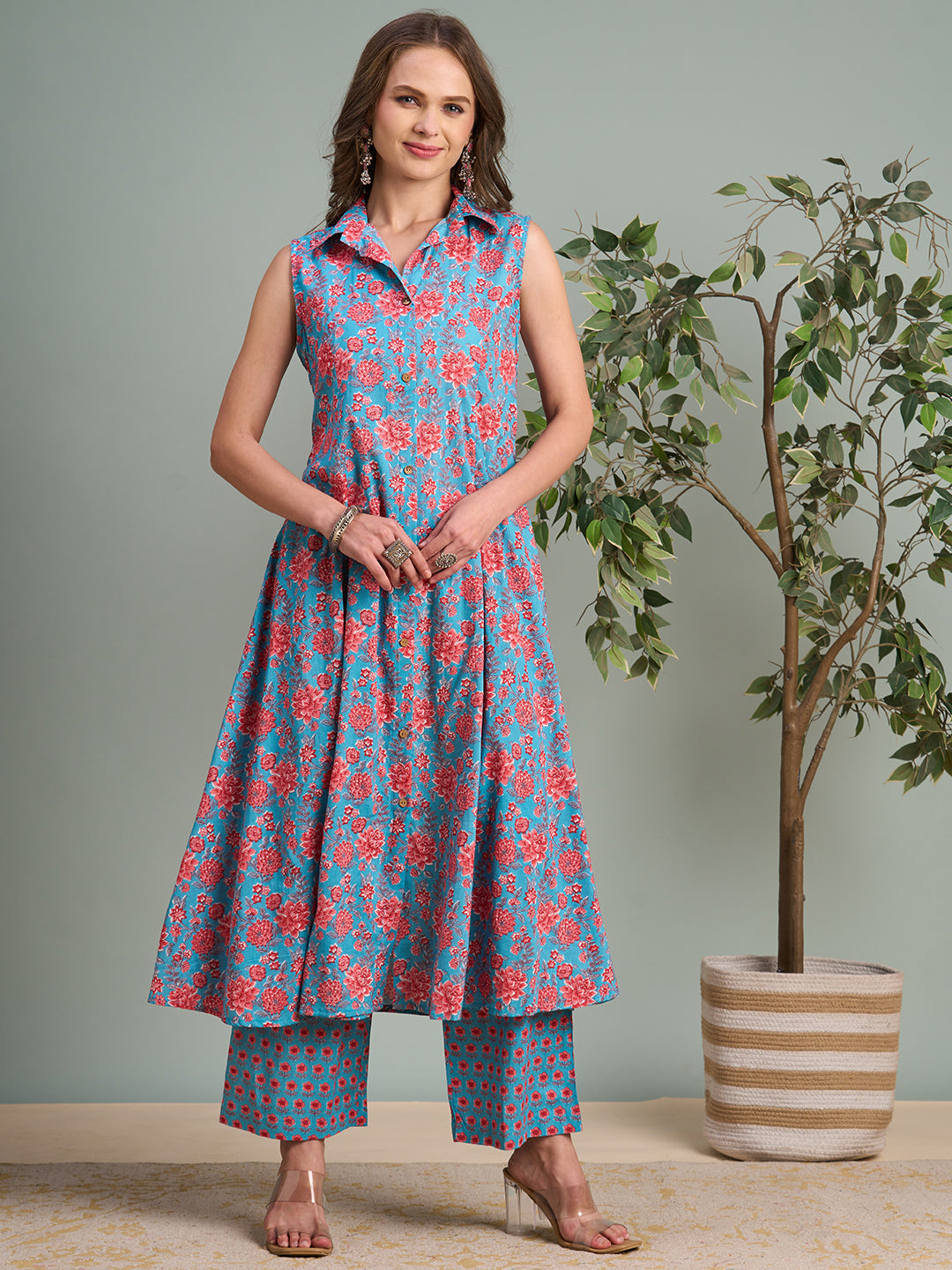Ethnic Floral Printed A-Line Paneled Kurta with Palazzo - Teal Blue