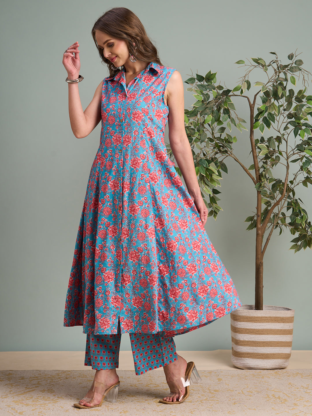Ethnic Floral Printed A-Line Paneled Kurta with Palazzo - Teal Blue