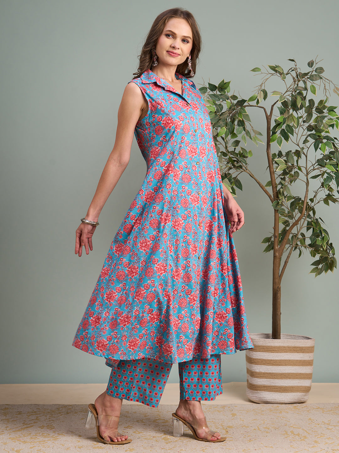 Ethnic Floral Printed A-Line Paneled Kurta with Palazzo - Teal Blue