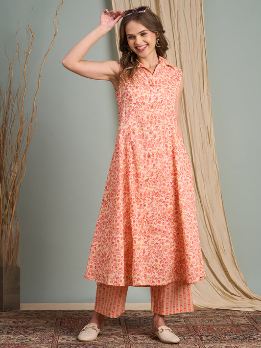 Floral & Stripes Printed A-Line Paneled Kurta with Palazzo - Peach