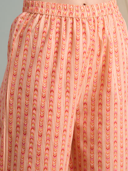 Floral & Stripes Printed A-Line Paneled Kurta with Palazzo - Peach