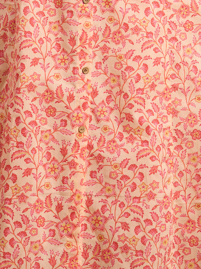 Floral & Stripes Printed A-Line Paneled Kurta with Palazzo - Peach