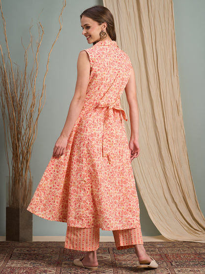 Floral & Stripes Printed A-Line Paneled Kurta with Palazzo - Peach