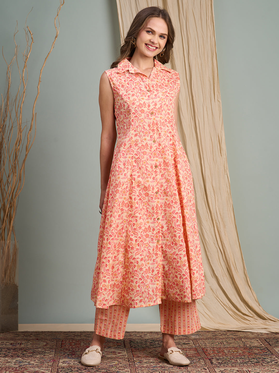 Floral & Stripes Printed A-Line Paneled Kurta with Palazzo - Peach