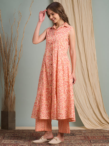 Floral & Stripes Printed A-Line Paneled Kurta with Palazzo - Peach