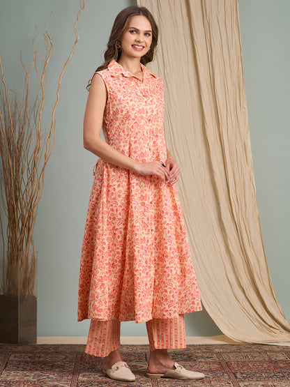 Floral & Stripes Printed A-Line Paneled Kurta with Palazzo - Peach