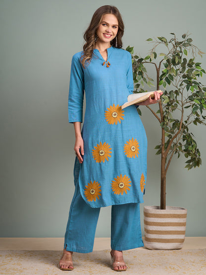 Solid Floral Threadwork Embroidered Cotton Slub Co-ord Set - Sky Blue