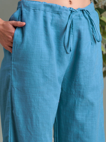 Solid Floral Threadwork Embroidered Cotton Slub Co-ord Set - Sky Blue